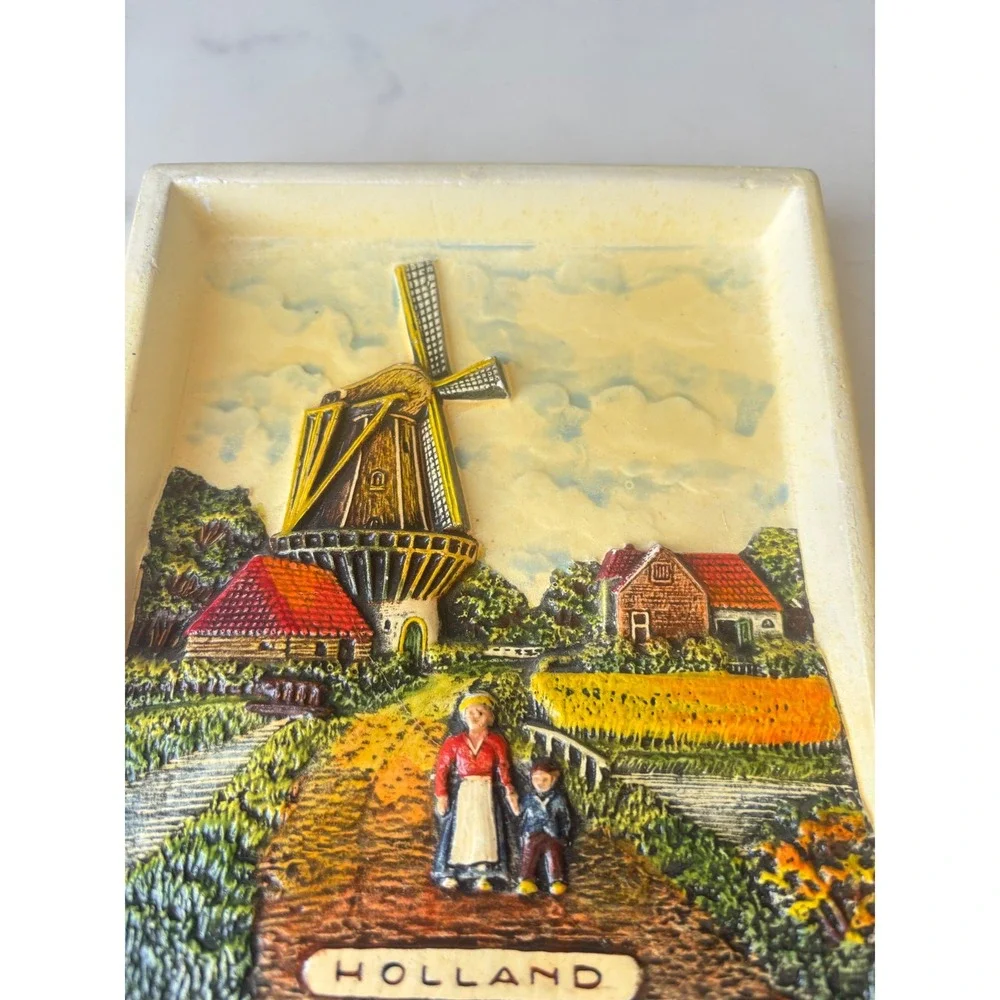 Vintage Holland 3D Relief Wall Plaque Windmill Dutch Landscape Decor Plaster